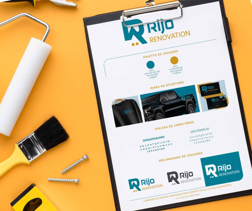 Élaboration d'une charte graphique suite à la création du logo et de l'image de marque de l'entreprise Rijo rénovation.