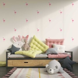 Chambre d'enfant décorée avec des autocollants muraux de flamants rose.