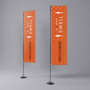 Graphisme pour la réalisation du drapeau oriflamme de la boutique de M et Mme Swell.