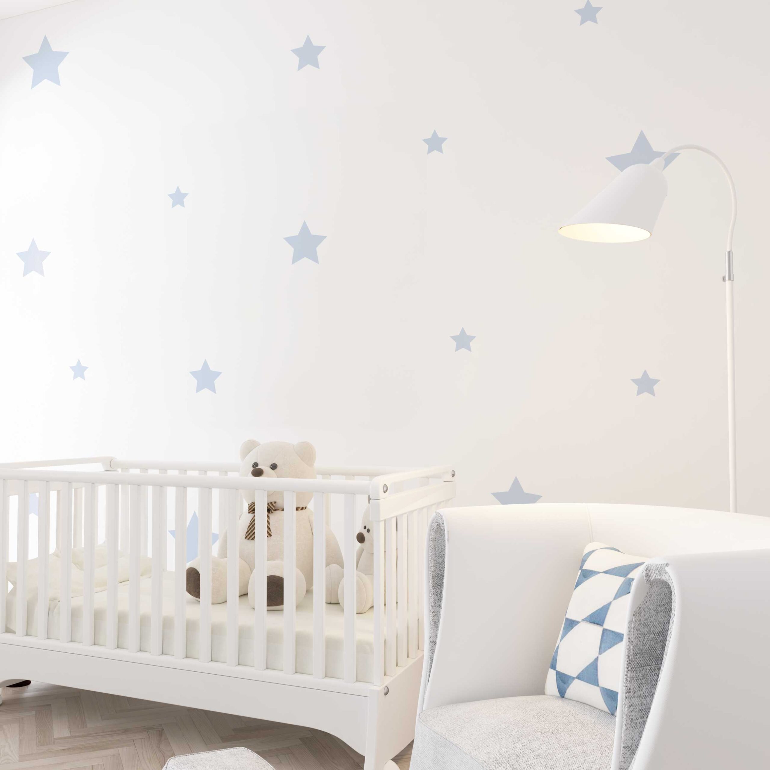 Autocollants muraux en vinyle en formes d'étoiles de couleur bleues.