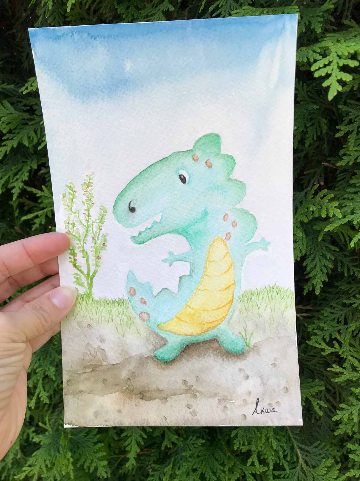 illustration mixte médias crayon bois et aquarelle dinosaure