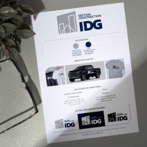 Kit média d'une page présentant un condensé des normes graphiques de l'entreprise gestion construction idg