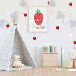 Autocollants muraux fraises et fleurs blanches