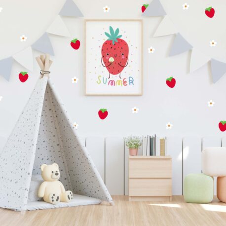 Autocollants muraux fraises et fleurs blanches