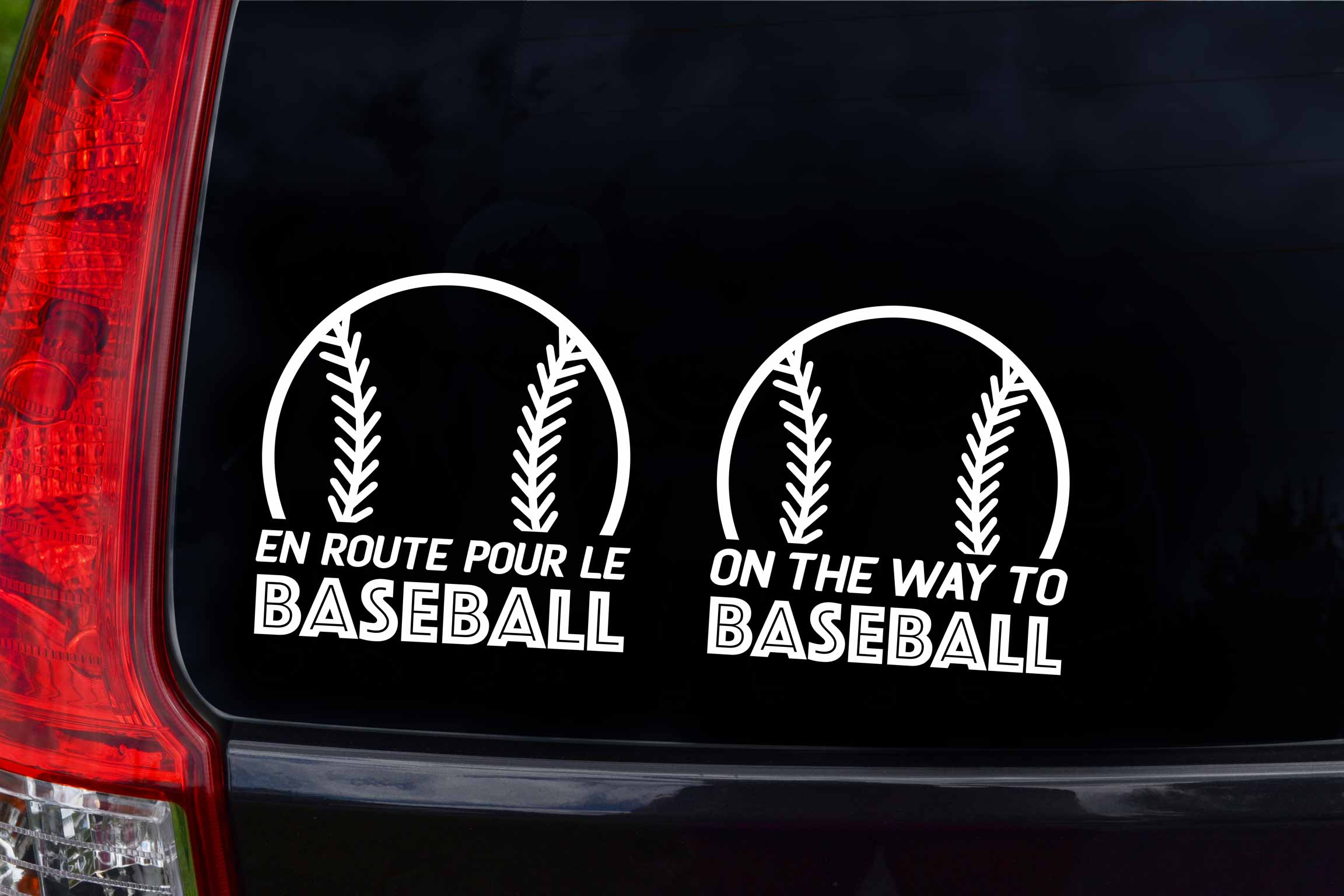 Autocollant en route pour le baseball blanc français anglais