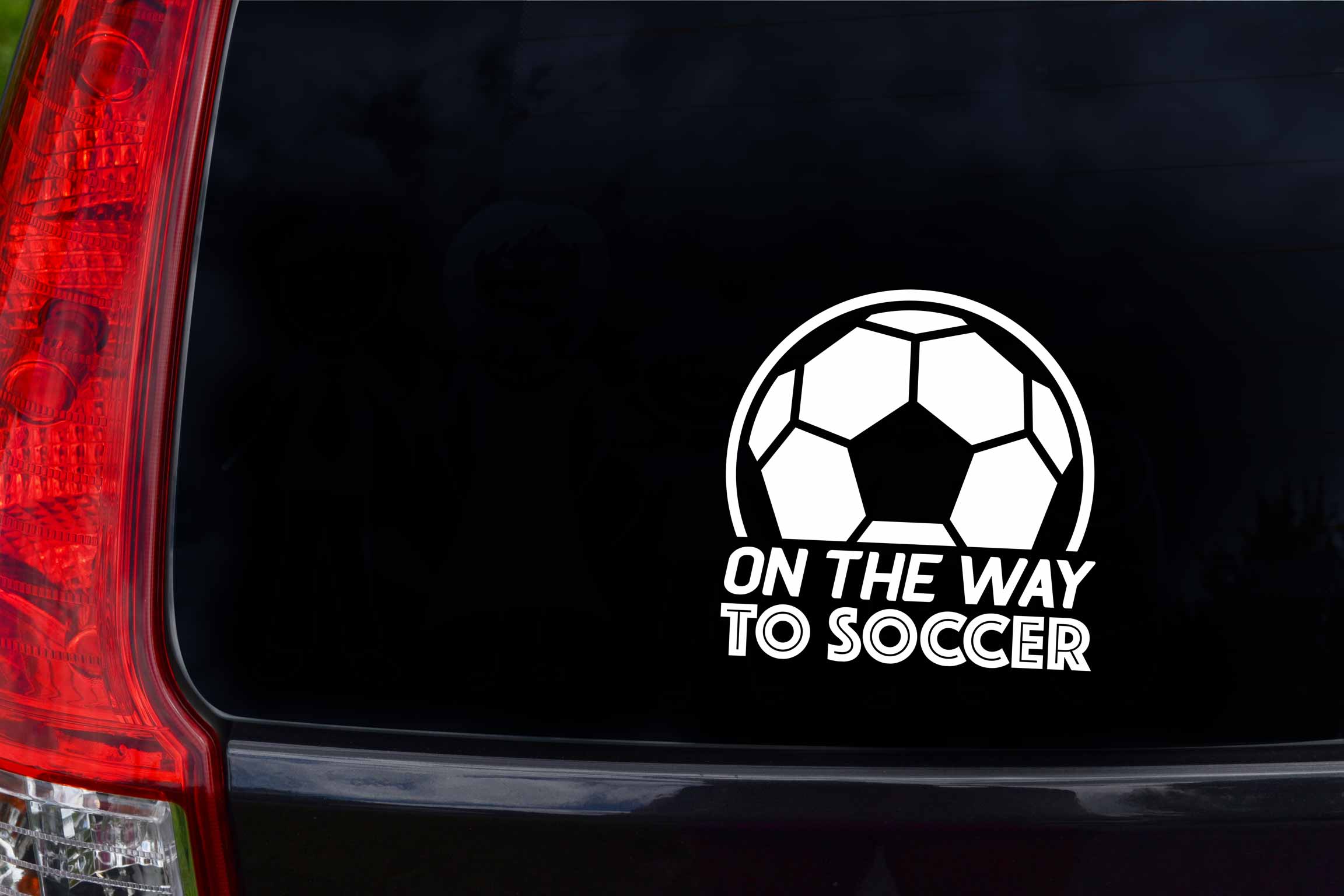 Autocollant pour voiture en route pour le soccer version anglaise de couleur blanche