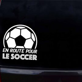 Autocollant pour voiture en route pour le soccer version française de couleur blanche