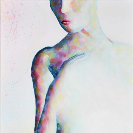 Photo de couverture de la toile éclat de mystère qui représente une silhouette de femme en clair-obscur avec touche de couleur rose, bleu et jaune.