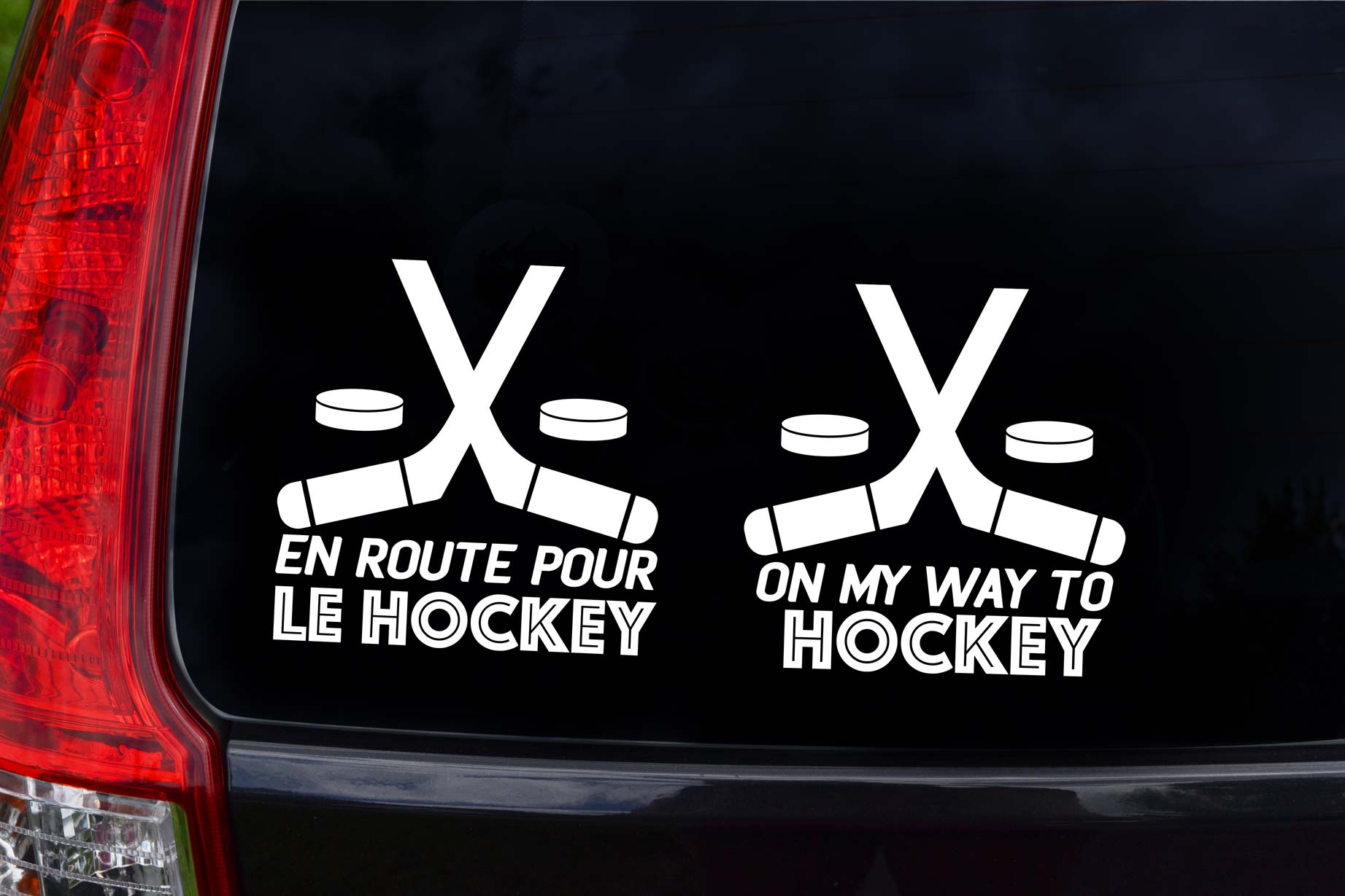 Autocollant pour voiture pour hockey mom en français et en anglais