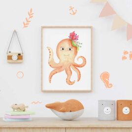 Illustration de pieuvre à l'aquarelle pour chambre d'enfant. Peinte à la main.