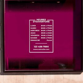Autocollant personnalisable avec heures d'ouverture de l'entreprise. Disponible en plusieurs couleurs.