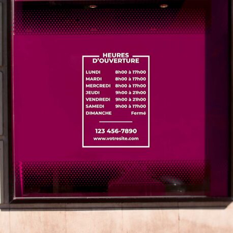 Autocollant personnalisable avec heures d'ouverture de l'entreprise. Disponible en plusieurs couleurs.