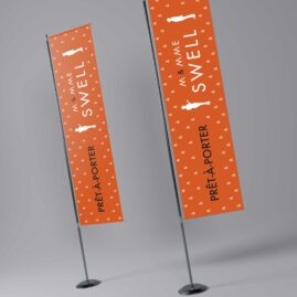 Graphisme pour la réalisation du drapeau oriflamme de la boutique de M et Mme Swell.