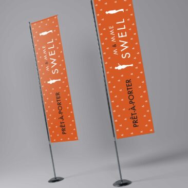 Graphisme pour la réalisation du drapeau oriflamme de la boutique de M et Mme Swell.