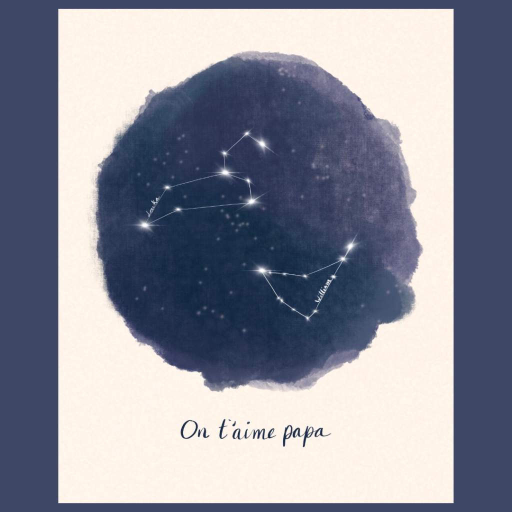 Cette affiche, inspirée du signe astrologique de son ou ses enfants, célèbre l’amour d’un père : fort, lumineux, inébranlable. Chaque étoile de cette affiche représente le lien unique entre un père et son enfant.