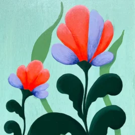 Gros plan d'un toile créée par l'artiste peintre québécoise Karine Pothier. Fait partie de la collection bois en floraison. Elle représente des fleurs dans un mélange de couleurs complémentaires allant du vert sauge au rose fluo.